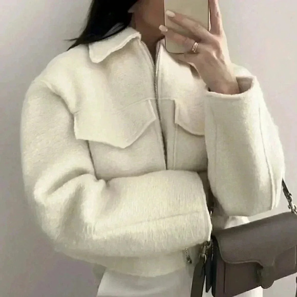 Beige Casual Women's Solid Color Woolen Jacket Top - Picture 2 of 8